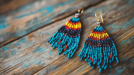 Colorful bohemian-style beaded earrings lying on a rustic wooden table.の素材