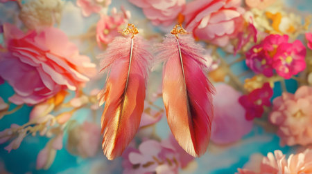 Boho-style feather earrings displayed against a vibrant floral backdrop.の素材