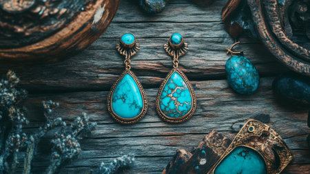 Turquoise gemstone earrings resting on a rustic wooden table surrounded by matching accessories.の素材