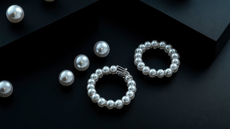 Pearl hoop earrings arranged on a sleek, black background, contrasting with their soft glow.の素材