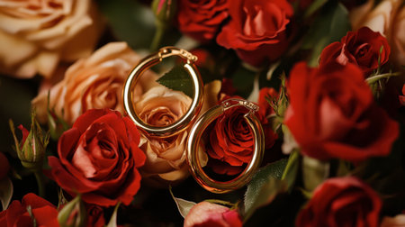 Gold hoop earrings lying on a bed of roses, evoking a romantic feel.の素材