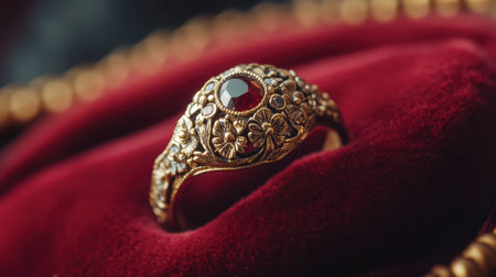 A vintage-style ring with intricate floral designs, displayed on a velvet cushion for an elegant touch.の素材