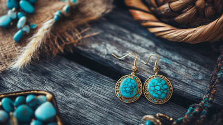 Turquoise gemstone earrings resting on a rustic wooden table surrounded by matching accessories.の素材