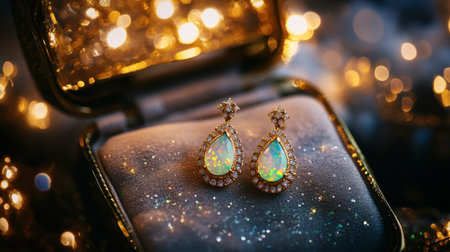Opal earrings glowing under soft lighting, resting on a luxurious jewelry box.の素材