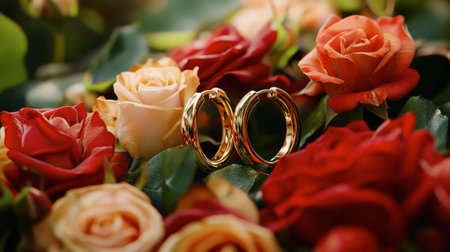 Gold hoop earrings lying on a bed of roses, evoking a romantic feel.の素材