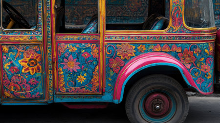 A close-up of a tuk-tuk's colorful design and intricate details, highlighting the craftsmanship that goes into these vehicles.の素材