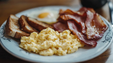 A breakfast platter with scrambled eggs, crispy bacon, and sliced ham sausage, served with fresh toast and butter.の素材