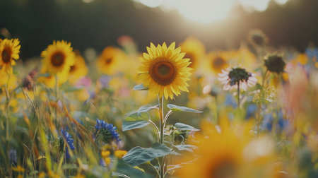 A bright and cheerful photo of a field of sunflowers mixed with other wildflowers, celebrating the diversity of nature's palette.の素材