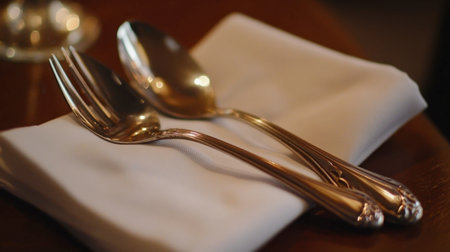 A close-up of a silver spoon and fork resting on a white napkin, ready for a fine dining experience.の素材