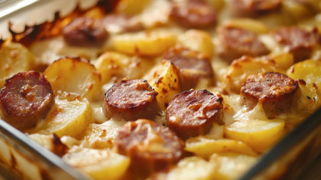 A classic ham sausage casserole with layers of sausage, potatoes, and cheese, baked to golden perfection.の素材