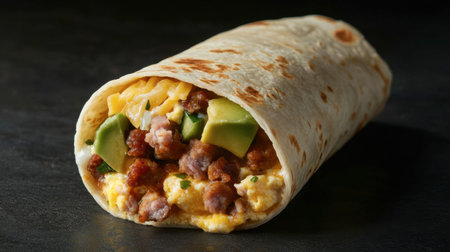 A breakfast burrito filled with scrambled eggs, ham sausage, cheese, and avocado, wrapped in a soft tortilla.の素材