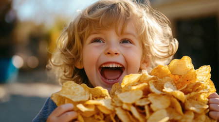A child happily holding a large bag of potato chips with excitement in their eyes.の素材