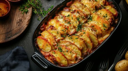 A classic ham sausage casserole with layers of sausage, potatoes, and cheese, baked to golden perfection.の素材