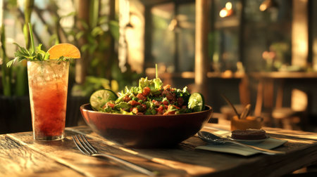 A casual lunch table with a spoon and fork placed beside a hearty bowl of salad and a refreshing drink.の素材