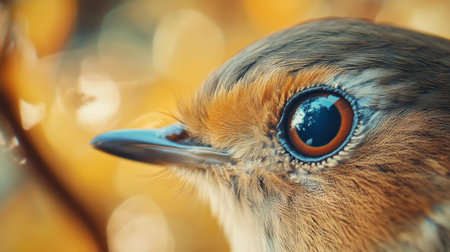 A close-up of a little bird's eye, highlighting its intricate details and vibrant colors amidst a blurred background.の素材