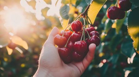 A bunch of freshly picked cherries in a farmer's hand against a sunny orchard.の素材