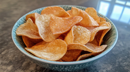 A bowl of kettle-cooked potato chips, showcasing their thick and crunchy texture.の素材