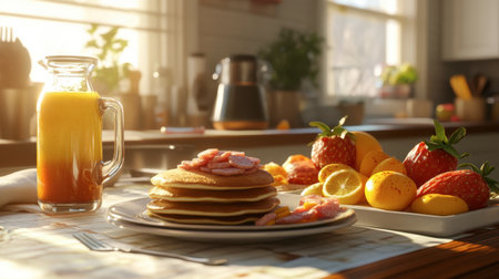 A breakfast spread with ham sausage, pancakes, scrambled eggs, and fresh fruit, arranged on a sunny kitchen table.の素材