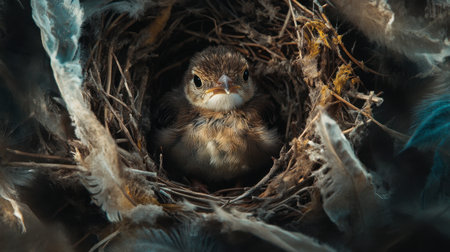 A close-up of a baby bird in a nest, surrounded by soft feathers and twigs, symbolizing new beginnings in nature.の素材