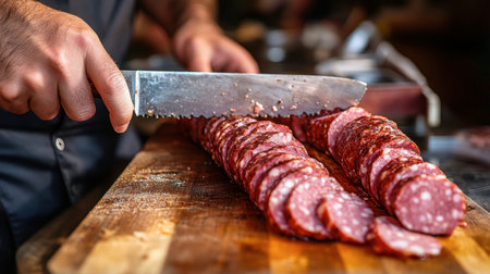 A chef preparing ham sausage for a gourmet sandwich, slicing the sausage thinly on a wooden board with a sharp knife.の素材