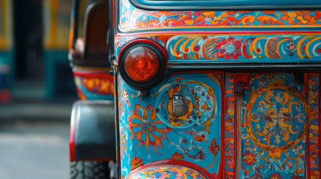 A close-up of a tuk-tuk's colorful design and intricate details, highlighting the craftsmanship that goes into these vehicles.の素材