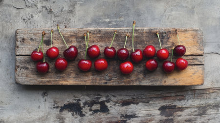 A bunch of red cherries laid out on a rustic wooden cutting board.の素材
