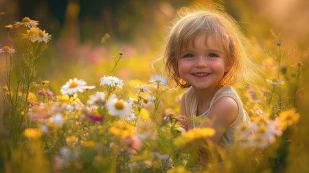 A child playing joyfully in a field of wildflowers, capturing the innocence of youth and the simple pleasures of exploring nature.の素材
