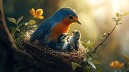 A close-up of a little bird feeding its chicks in a cozy nest, capturing the tenderness of nature.の素材