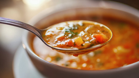 A close-up of a spoonful of soup with a fork resting beside the bowl, set in a warm kitchen.の素材