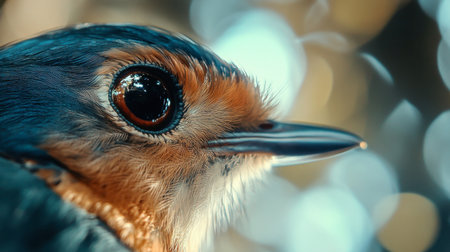 A close-up of a little bird's eye, highlighting its intricate details and vibrant colors amidst a blurred background.の素材