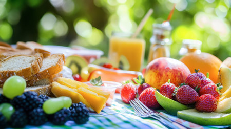A casual outdoor setting with a plastic spoon and fork on a picnic table surrounded by fresh fruit and sandwiches.の素材