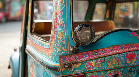 A close-up of a tuk-tuk's colorful design and intricate details, highlighting the craftsmanship that goes into these vehicles.の素材