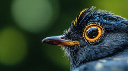 A close-up of a little bird's eye, highlighting its intricate details and vibrant colors amidst a blurred background.の素材