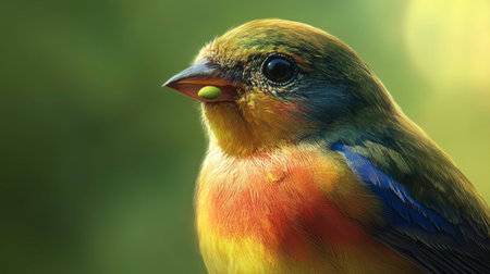 A close-up of a little bird with a seed in its beak, highlighting its vibrant colors against a soft green background.の素材