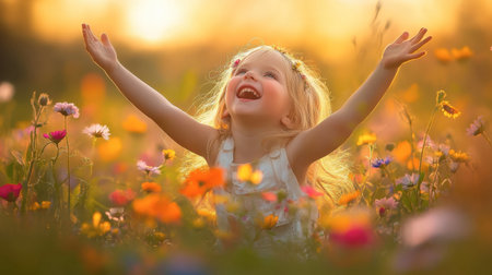 A child playing joyfully in a field of wildflowers, capturing the innocence of youth and the simple pleasures of exploring nature.の素材