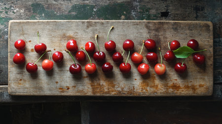 A bunch of red cherries laid out on a rustic wooden cutting board.の素材