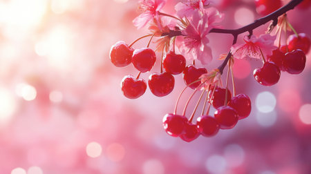A cherry blossom tree in the background, with a focus on a branch of ripe red cherries.の素材