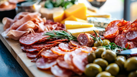 A charcuterie board filled with ham sausage, prosciutto, olives, cheese, and crackers, arranged elegantly for a party or gathering.の素材