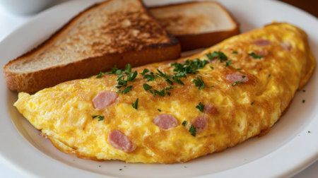 A classic ham sausage and cheese omelette, garnished with fresh parsley, served on a white plate with toast on the side.の素材