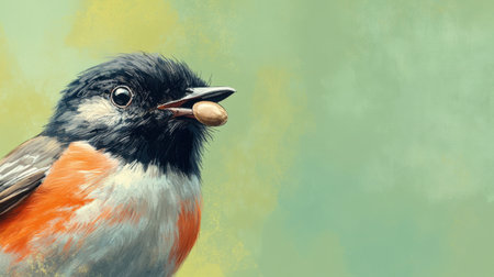 A close-up of a little bird with a seed in its beak, highlighting its vibrant colors against a soft green background.の素材