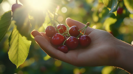 A bunch of freshly picked cherries in a farmer's hand against a sunny orchard.の素材