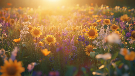 A bright and cheerful photo of a field of sunflowers mixed with other wildflowers, celebrating the diversity of nature's palette.の素材