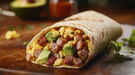 A breakfast burrito filled with scrambled eggs, ham sausage, cheese, and avocado, wrapped in a soft tortilla.の素材