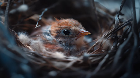 A close-up of a baby bird in a nest, surrounded by soft feathers and twigs, symbolizing new beginnings in nature.の素材