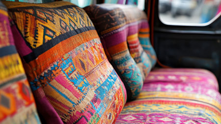 A close-up of a tuk-tuk colorful seat cushions and interior details, showcasing local craftsmanship and style.の素材