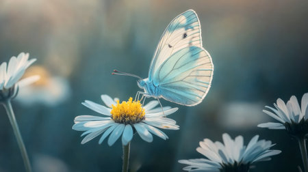 A butterfly perched delicately on a wildflower, showcasing the beauty of both the insect and the flower in a harmonious natural setting.の素材