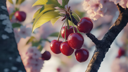 A cherry blossom tree in the background, with a focus on a branch of ripe red cherries.の素材
