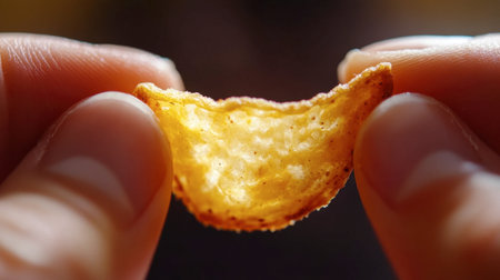 A close-up of a single potato chip held between two fingers, highlighting its texture.の素材
