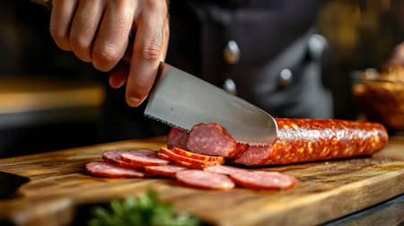 A chef preparing ham sausage for a gourmet sandwich, slicing the sausage thinly on a wooden board with a sharp knife.の素材