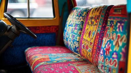 A close-up of a tuk-tuk colorful seat cushions and interior details, showcasing local craftsmanship and style.の素材
